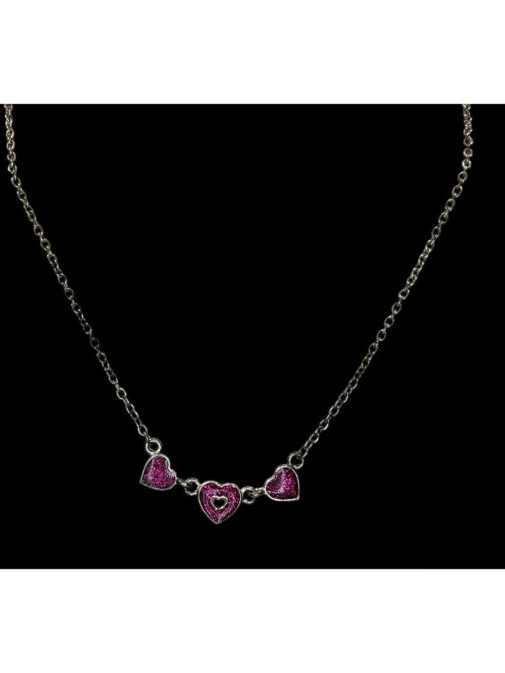 Y2K Triple Heart Charm Necklace Pink Glitter Enamel Silver Coquette Cute Kawaii